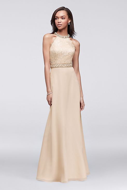 Lace and Chiffon Gown with Beaded High-Neck Bodice Image 1