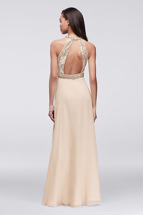 Lace and Chiffon Gown with Beaded High-Neck Bodice Image 2