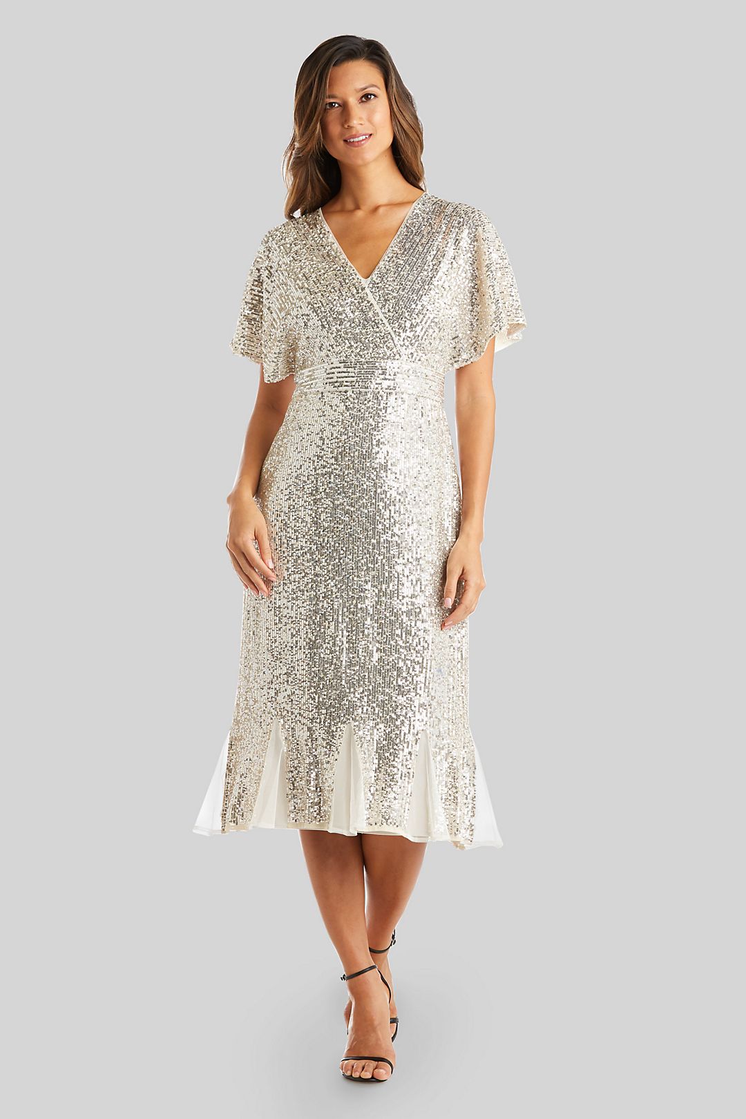 Allover Sequin Wrap Midi Wedding Dress with Godets Image