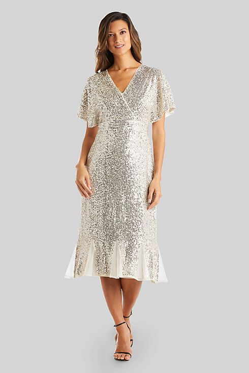 Allover Sequin Wrap Midi Wedding Dress with Godets Image 1