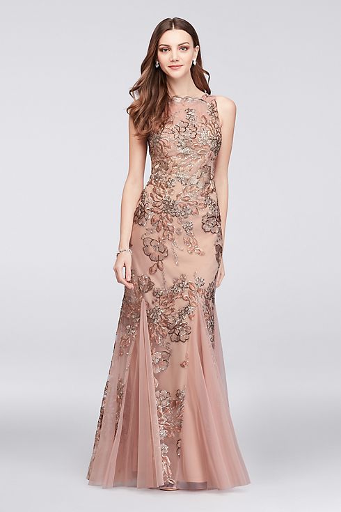 Embroidered Floral Sequin Mesh Mermaid Gown Image