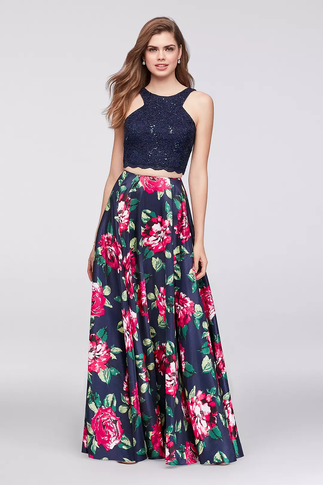 Sequin Lace Two-Piece Dress with Floral Skirt Image