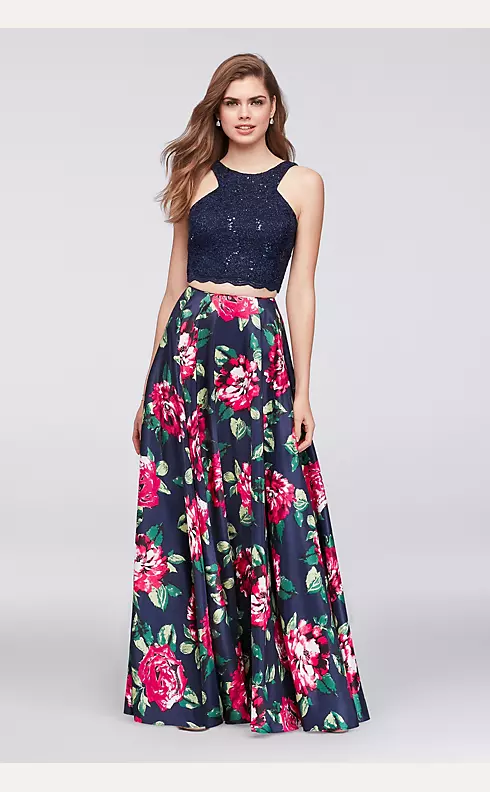 Sequin Lace Two-Piece Dress with Floral Skirt Image 1