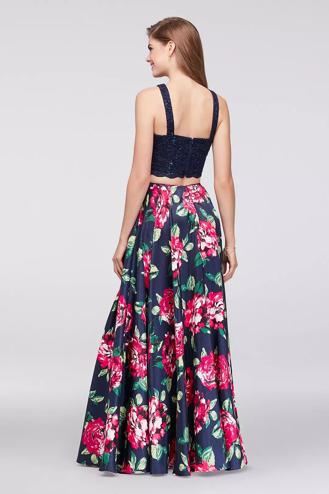 Sequin Lace Two-Piece Dress with Floral Skirt Image 2