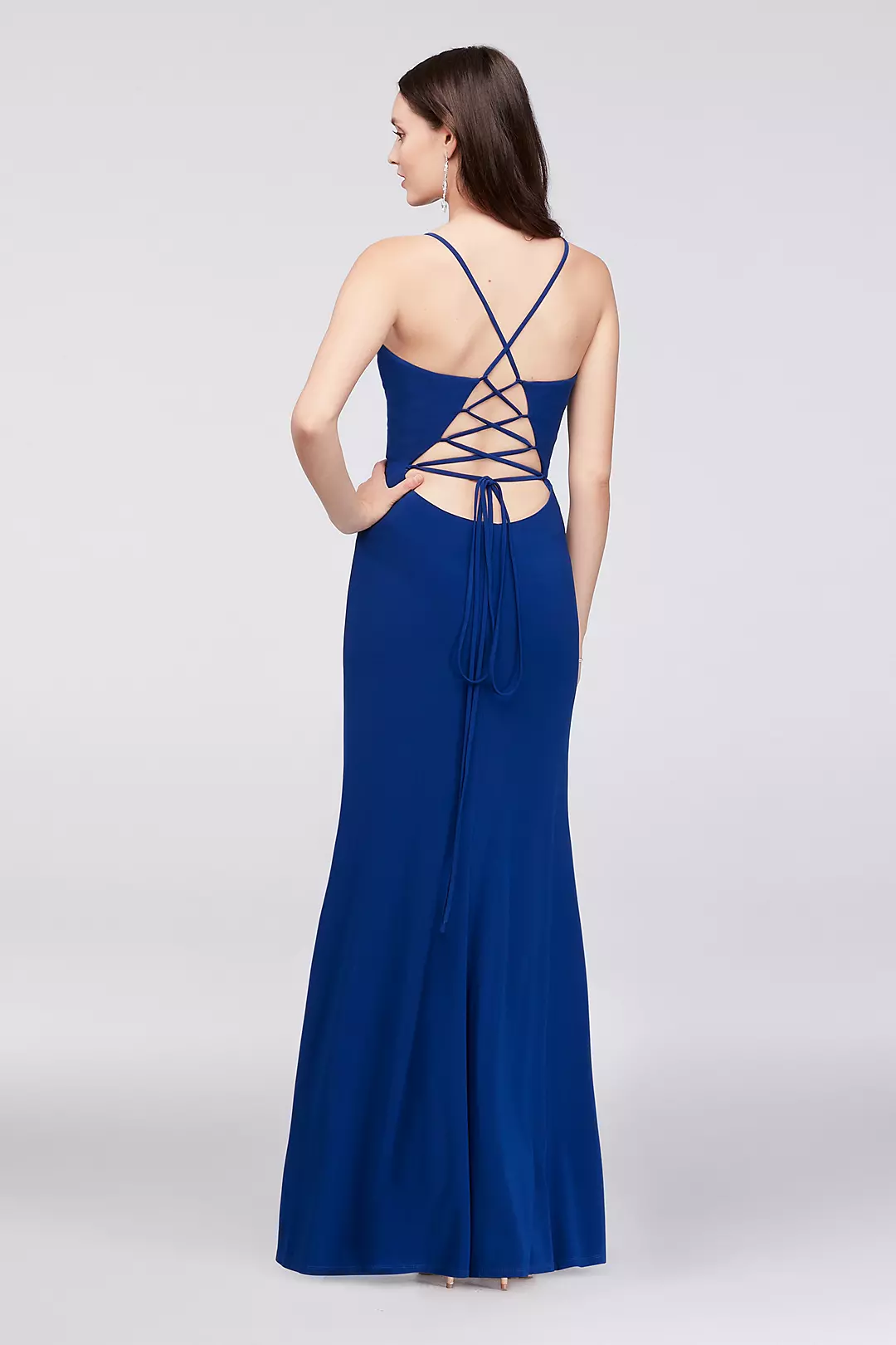 Lace-Up Back Plunging Stretch Jersey Sheath Gown | David's Lace-Up Back Plunging Stretch Jersey Sheath Gown | David's