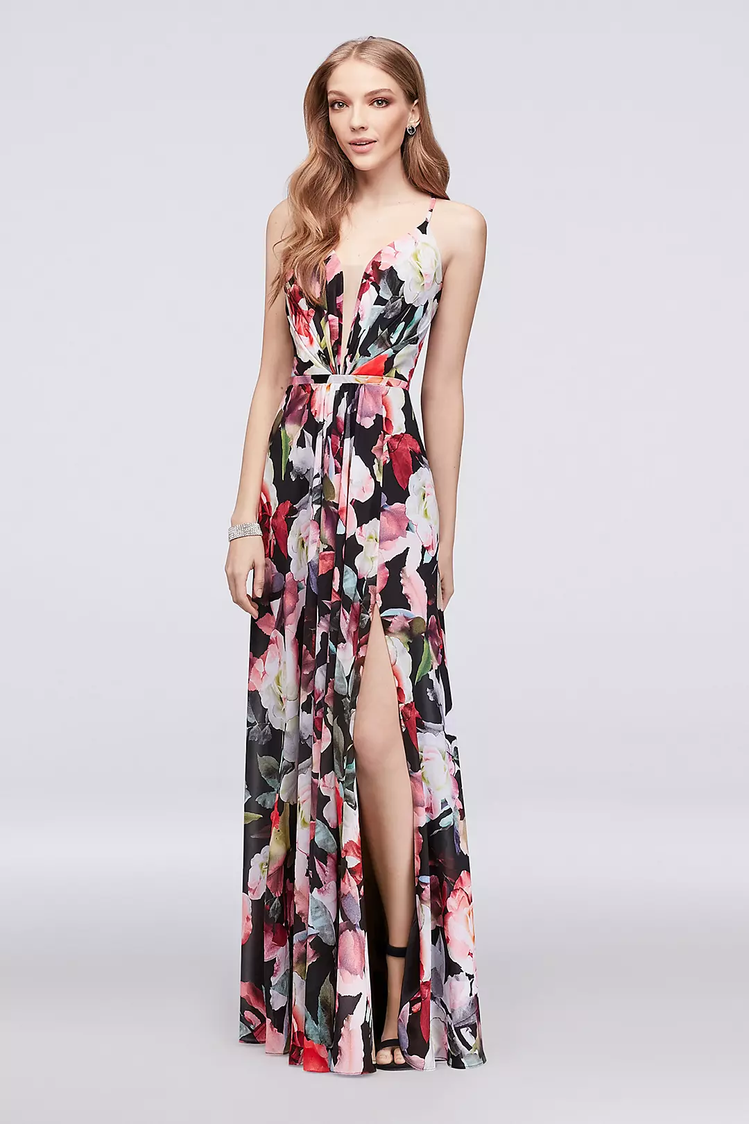 A-Line Floral Chiffon Gown with Slit Skirt Image