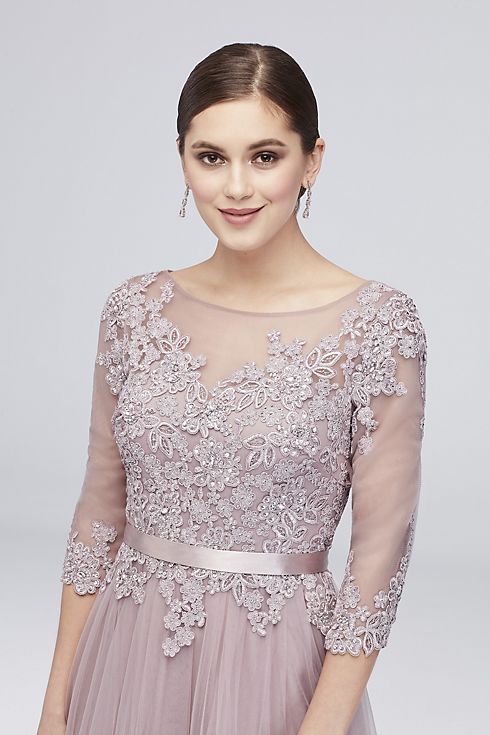 3/4 Sleeve Embroidered Lace and Tulle Ball Gown  Image 4