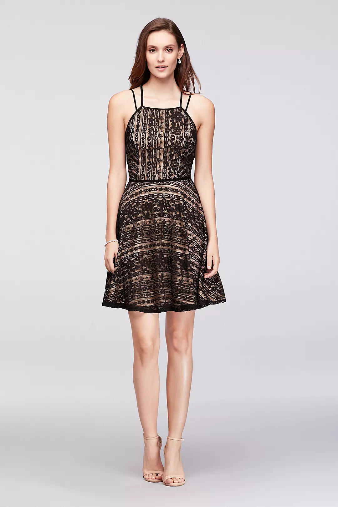 Linear Lace Fit-and-Flare Dress with Double Straps Image