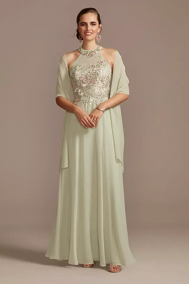 Illusion High Neck Floral Embroidered Chiffon Gown Image