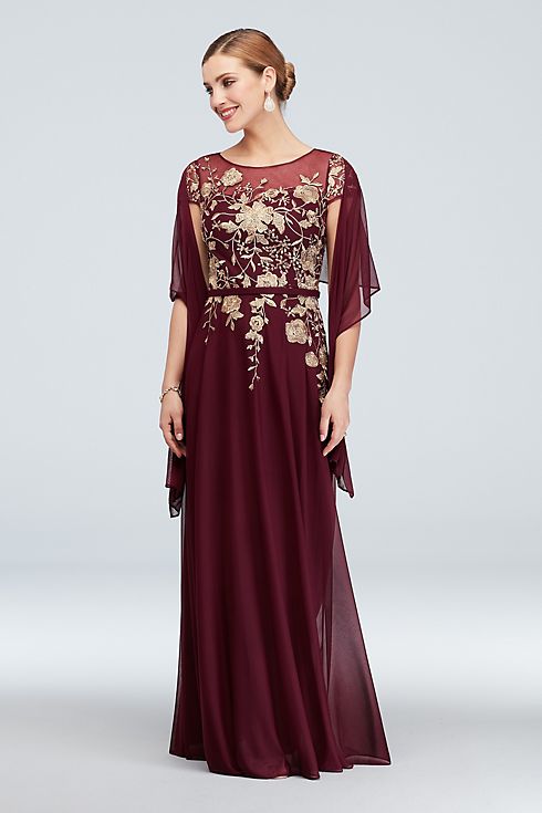 Metallic Floral Illusion Cap Sleeve Gown and Shawl Image 1