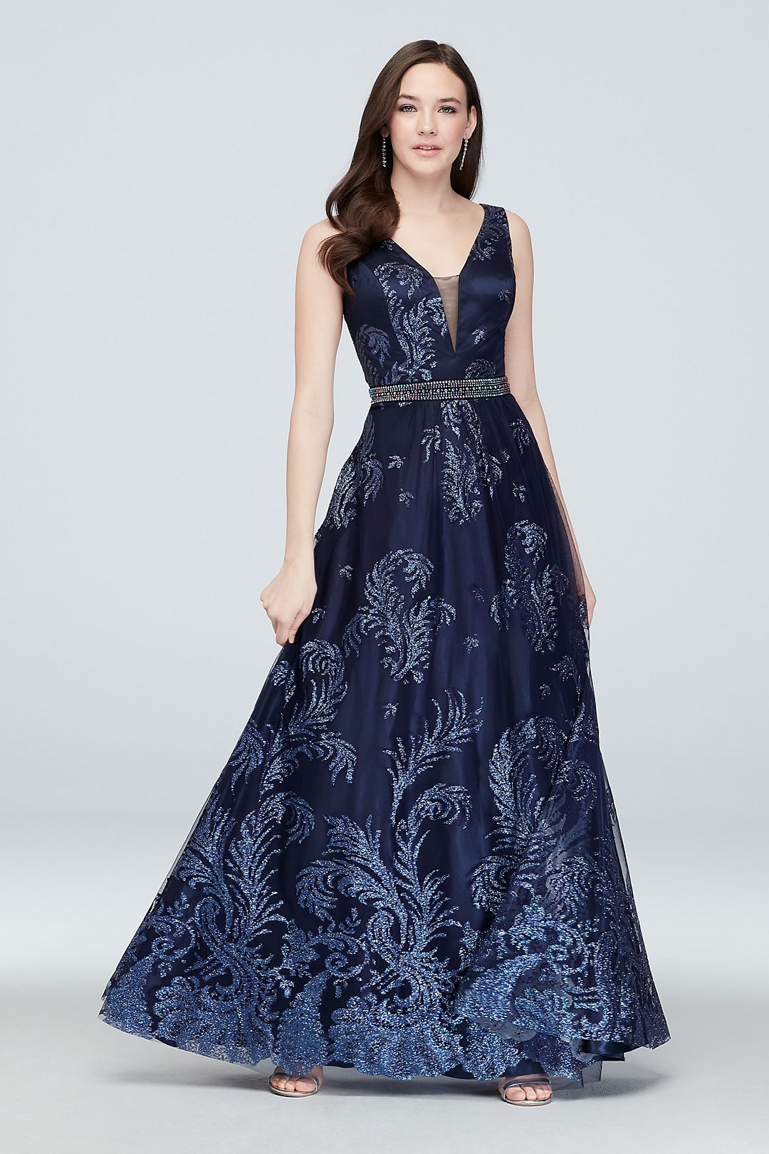 Belted Tulle Glitter Brocade Gown with Deep V-Neck Image 1