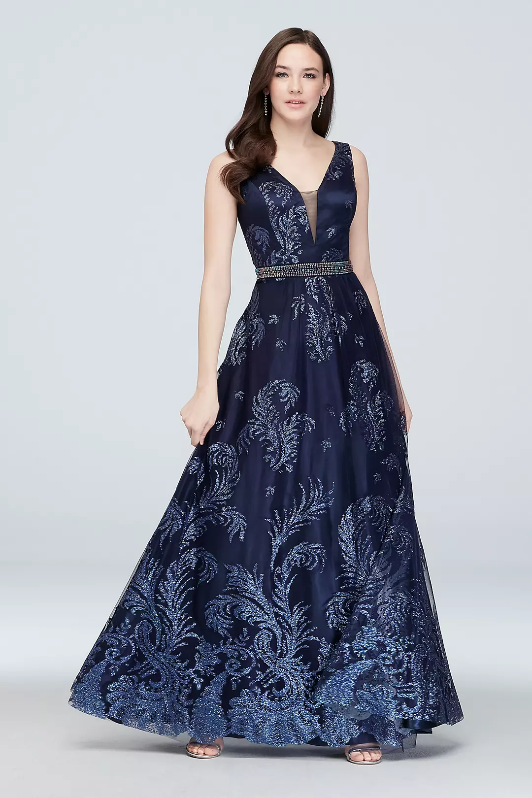 Belted Tulle Glitter Brocade Gown with Deep V-Neck Image