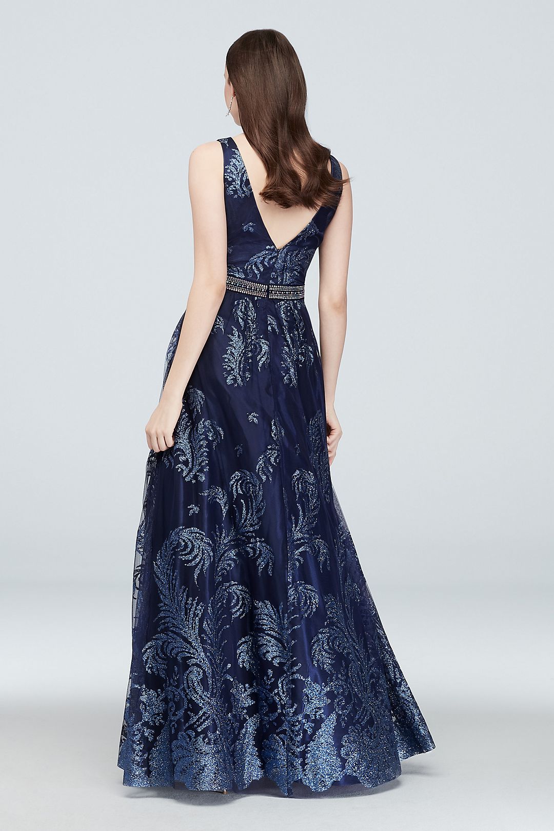 Belted Tulle Glitter Brocade Gown with Deep V-Neck Image 2