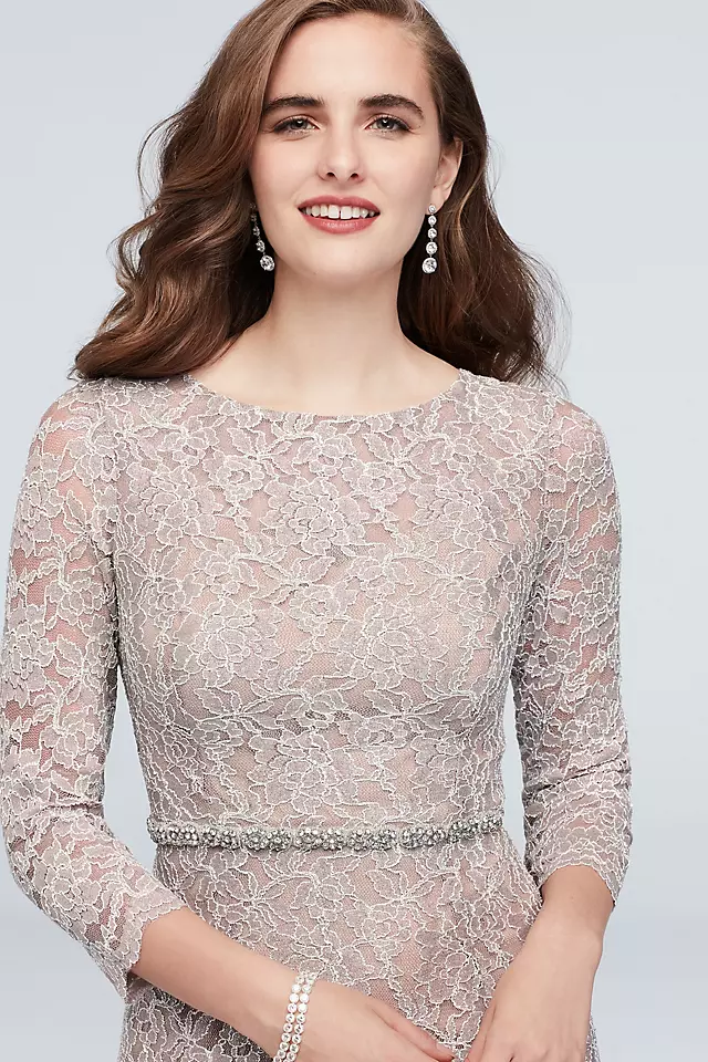 Glitter Lace 3/4-Sleeve Cocktail Dress with Belt Image 3