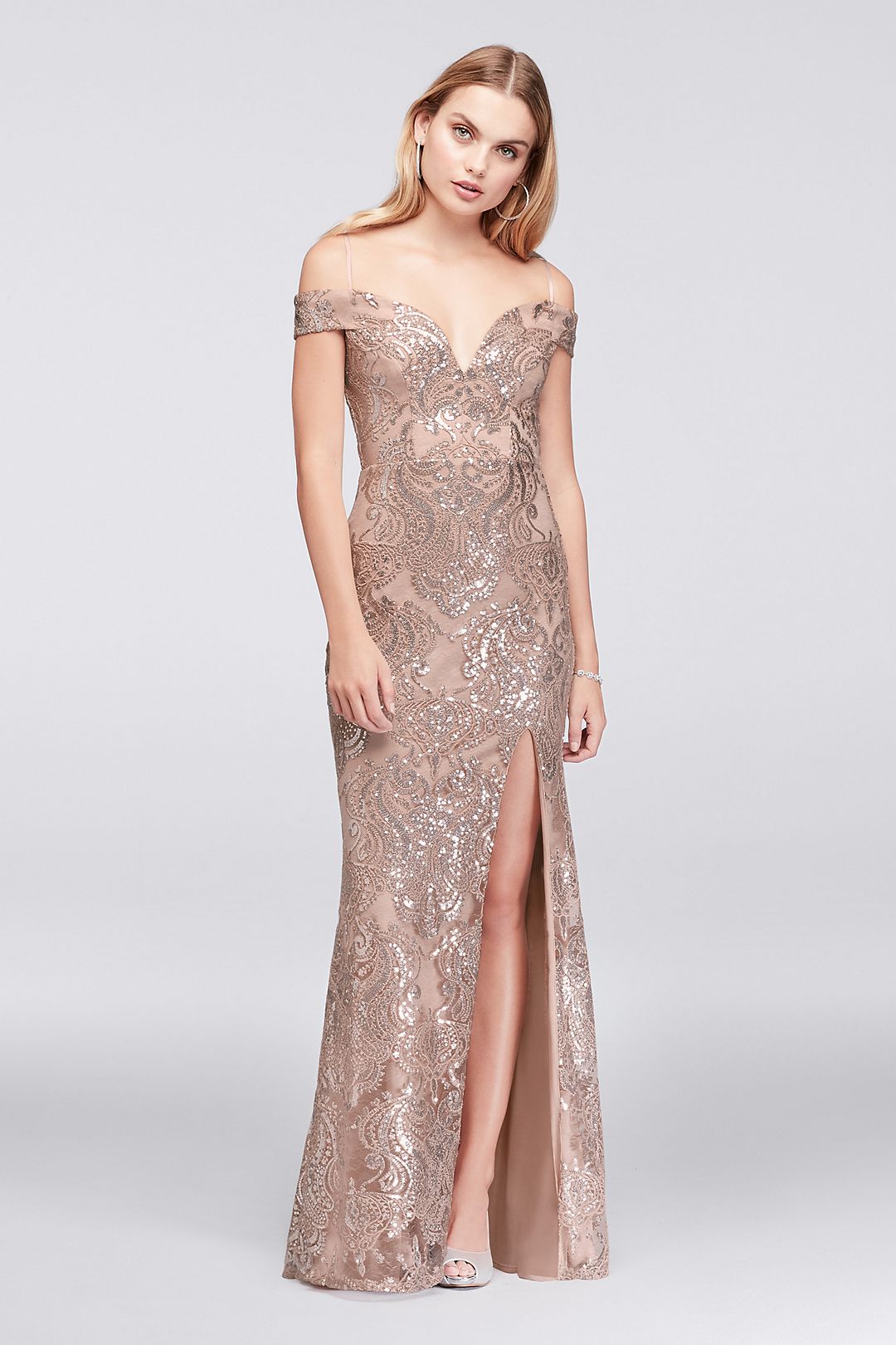 Off-The-Shoulder Lace Gown with Sequin Appliques Image 1