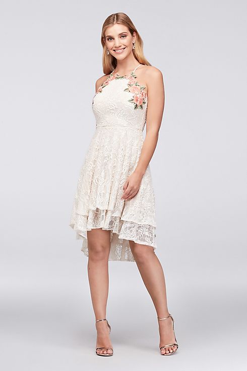 High-Low Tiered Lace Dress with Floral Embroidery Image