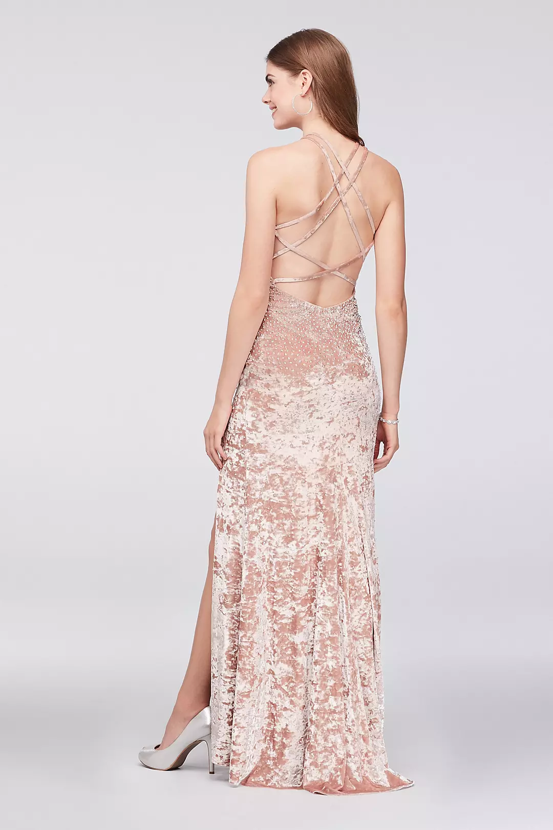 Crushed Velvet Halter Sheath Gown with Beading Image 2