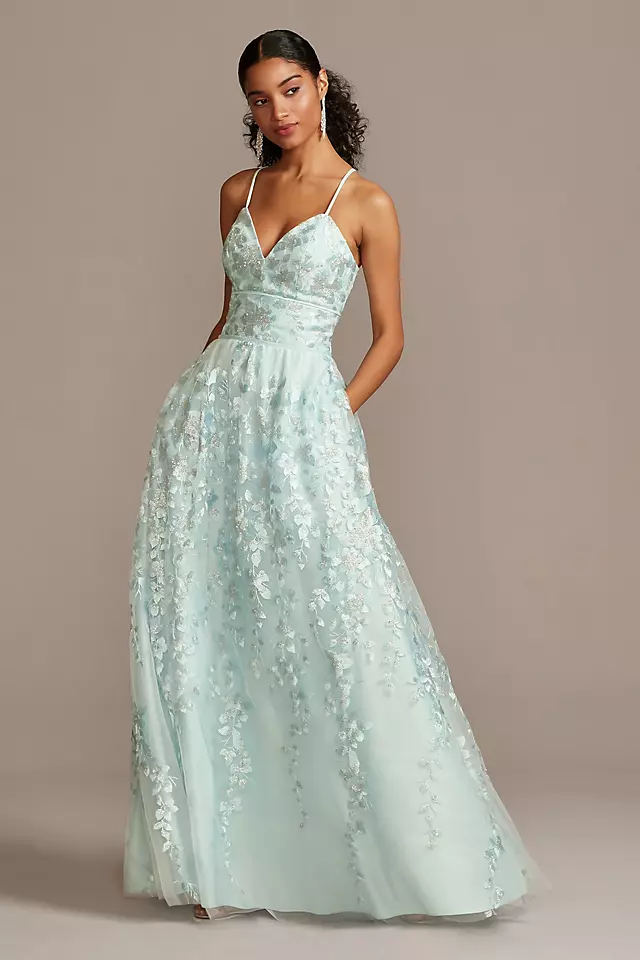 Floral Embellished Spaghetti Strap Lace-Up Gown Image