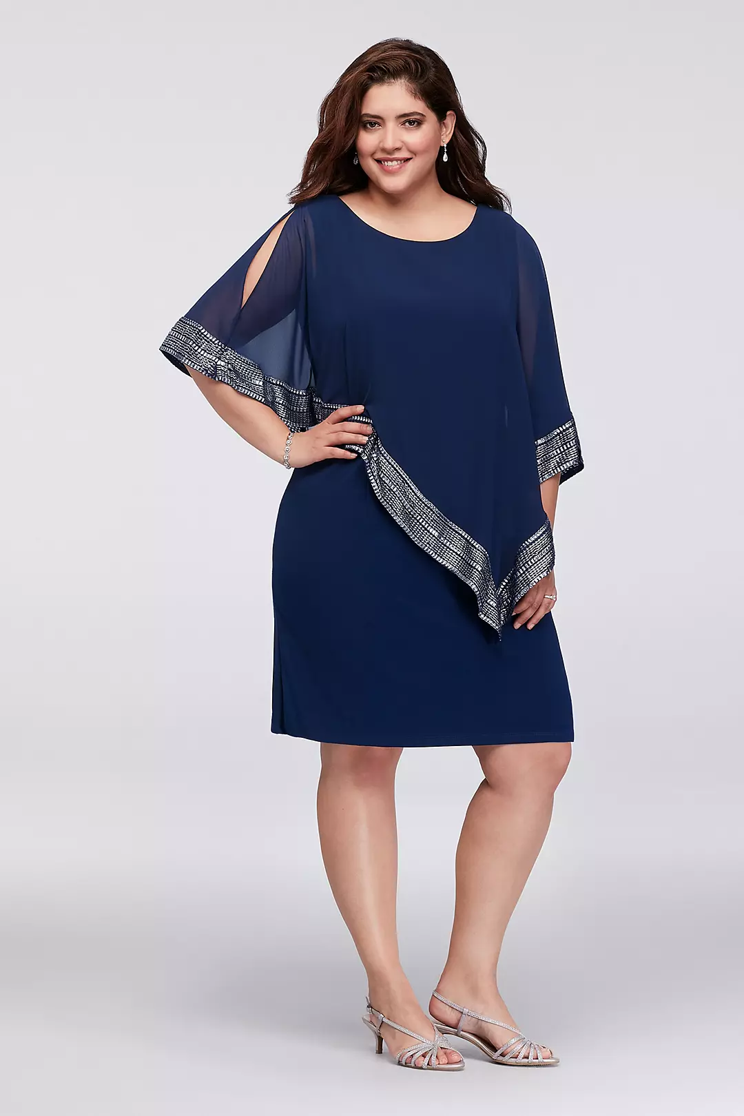 Chiffon and Jersey Dress with Foil-Trim Capelet Image