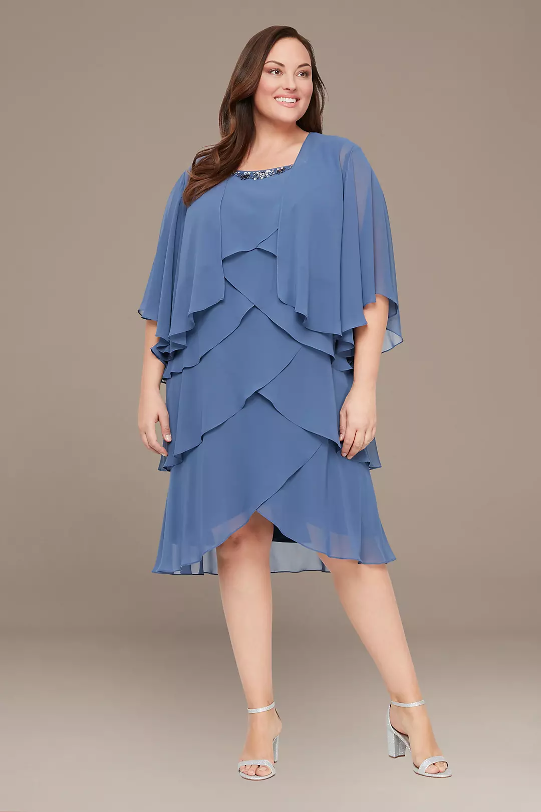 Plus Size Tiered Chiffon Dress with Jacket | David's Bridal Plus Size Tiered Chiffon Dress with Jacket | David's Bridal