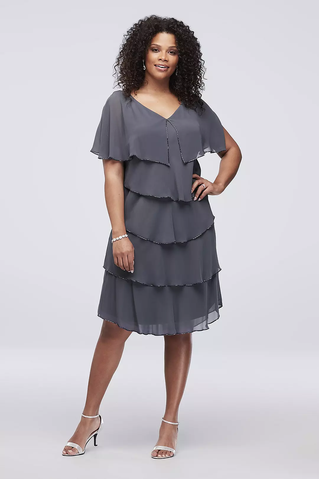 Short Sleeve Tiered Chiffon Plus Size Cape Dress  Image