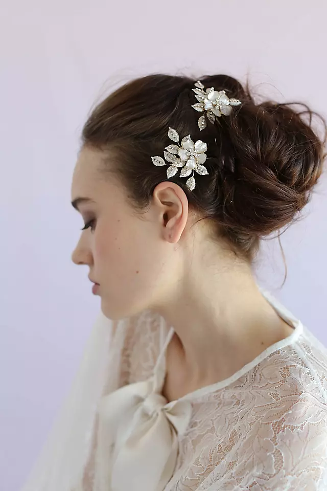 Crystal Speckled Blossom and Leaf Hair Pin Set Image