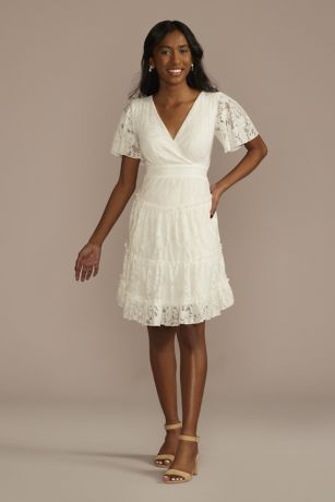 Short Flutter Sleeve Tiered Lace A-Line Dress | David's Bridal