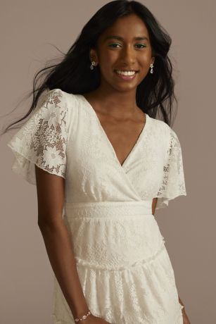 Short Flutter Sleeve Tiered Lace A-Line Dress | David's Bridal