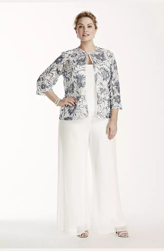 Three Piece Pant Suit with 3/4 Sleeve Print Jacket Image