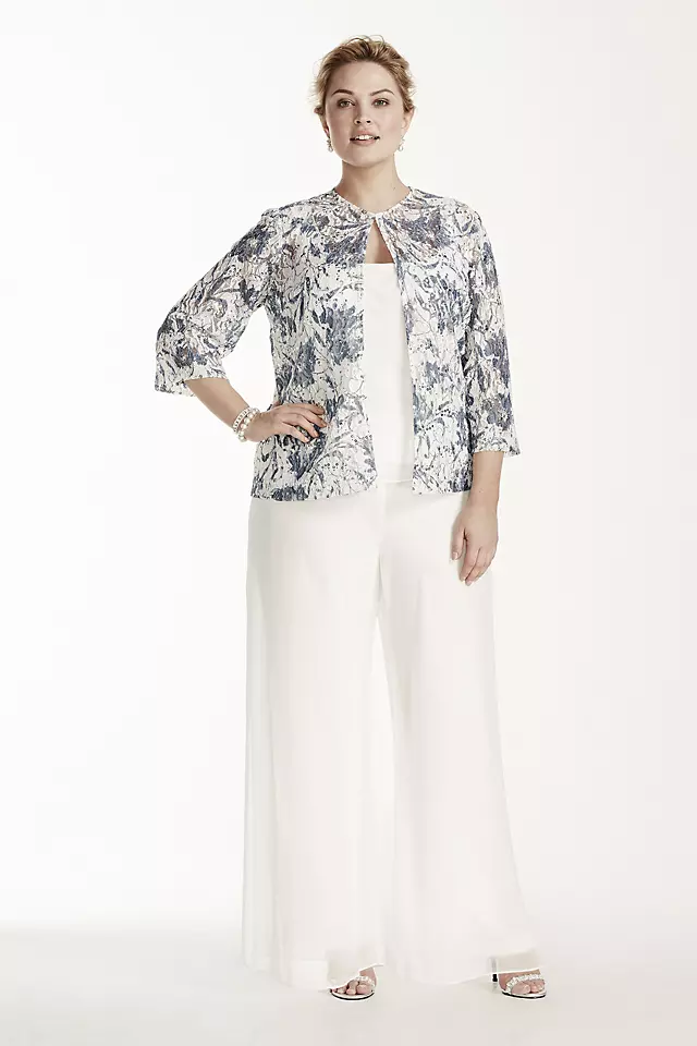 Three Piece Pant Suit with 3/4 Sleeve Print Jacket Image