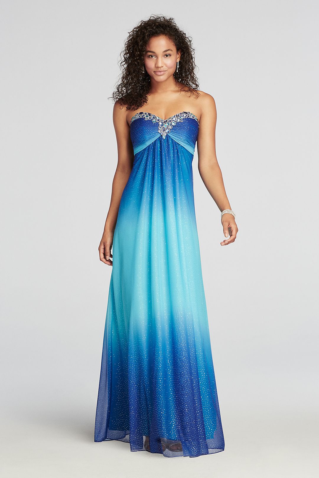 Strapless Beaded Neckline Glitter Ombre Prom Dress Image 4