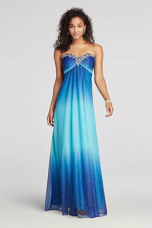 Strapless Beaded Neckline Glitter Ombre Prom Dress Image 1