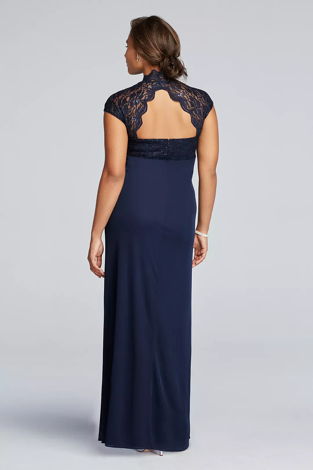 Lace Bodice Long Mesh Dress with Cap Sleeves Image 2
