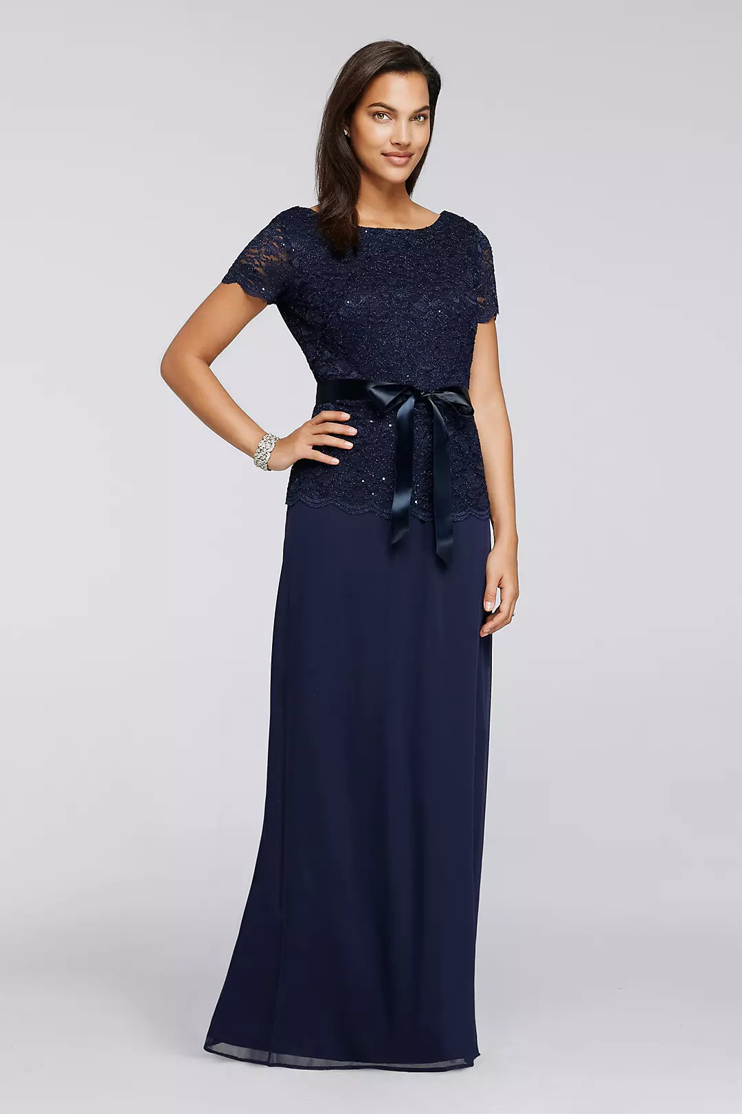 Long Lace Dress with Cap Sleeves and Cowl Back Image