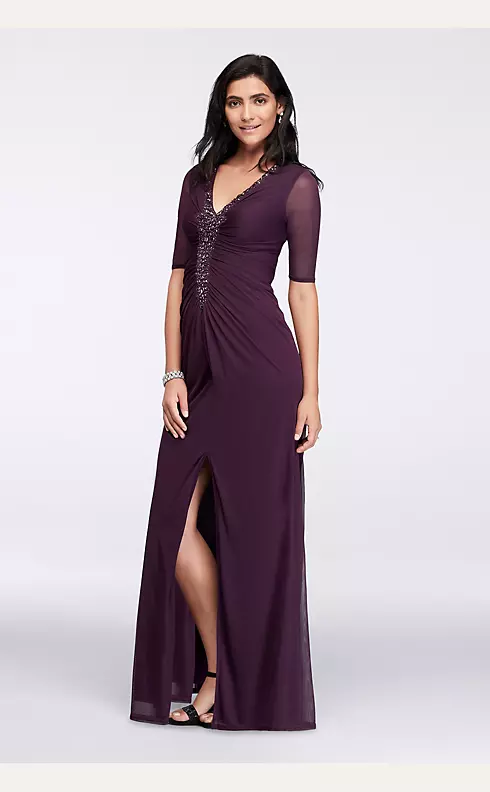 Long Dress with Illusion Sleeves and Ruched Bodice Image 1