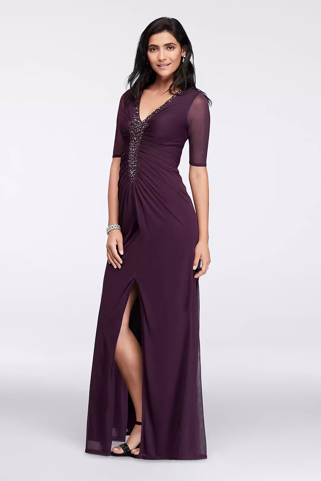 Long Dress with Illusion Sleeves and Ruched Bodice Image