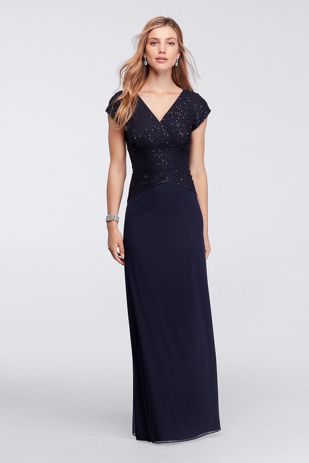Long Cap-Sleeve Dress with Sequin Lace Bodice Image 1