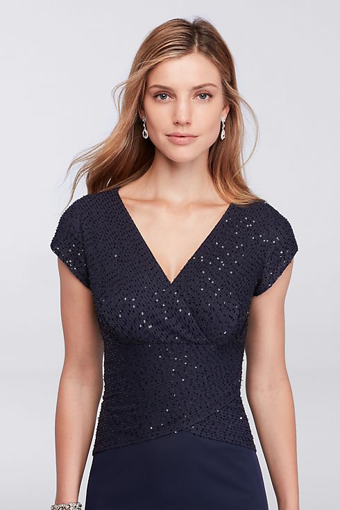 Long Cap-Sleeve Dress with Sequin Lace Bodice Image 3