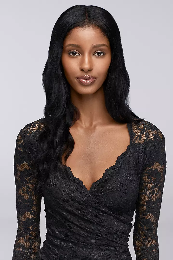 knee length dresses for ladies V Neck Long Sleeves Short Black Lace Top Champagne Prom Dress, Long Sl – abcprom