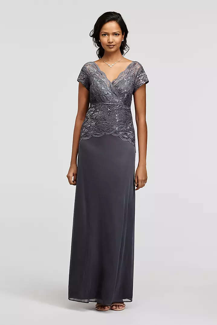 Two Piece Lace Mock Wrap Top with Jersey Skirt | David's Bridal Two Piece Lace Mock Wrap Top with Jersey Skirt | David's Bridal
