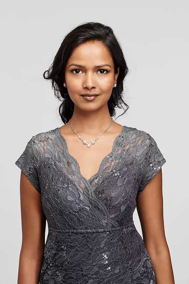 Two Piece Lace Mock Wrap Top with Jersey Skirt | David's Bridal Two Piece Lace Mock Wrap Top with Jersey Skirt | David's Bridal