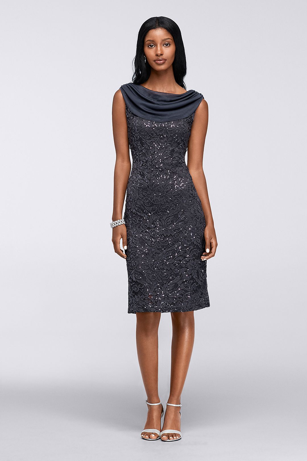 Short Sleeveless Stretch Sequin Lace Cowl Dress Image 1
