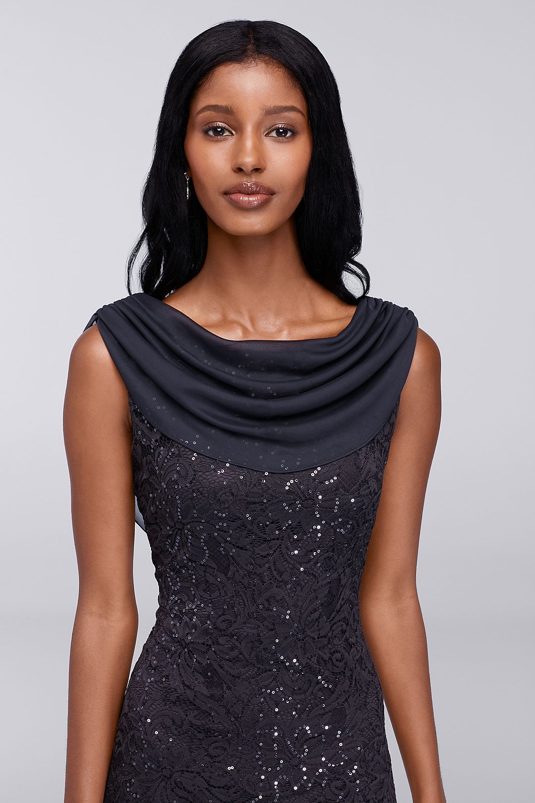 Short Sleeveless Stretch Sequin Lace Cowl Dress Image 3