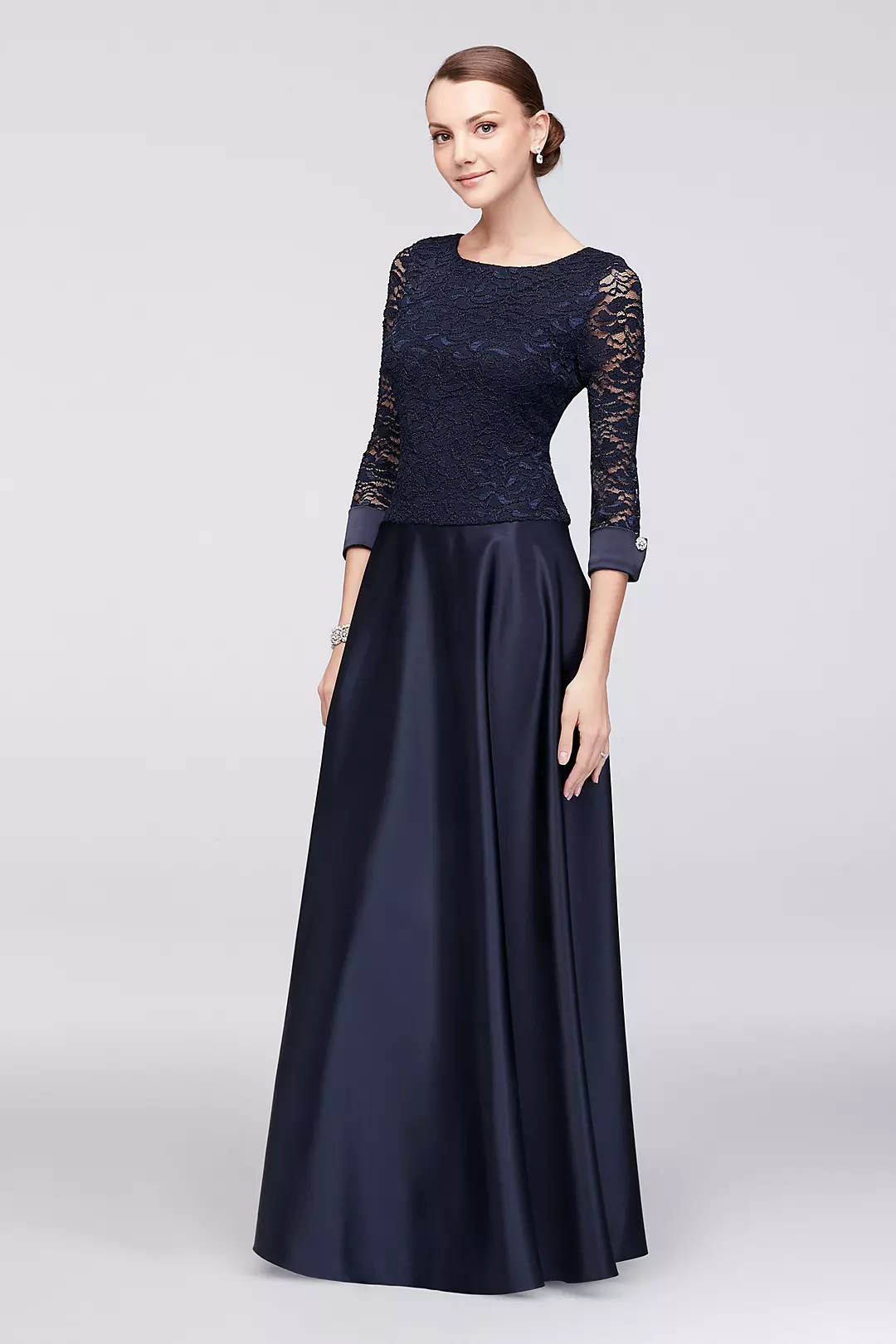 3/4 Sleeve Lace and Satin Dress with Gem Buttons Image