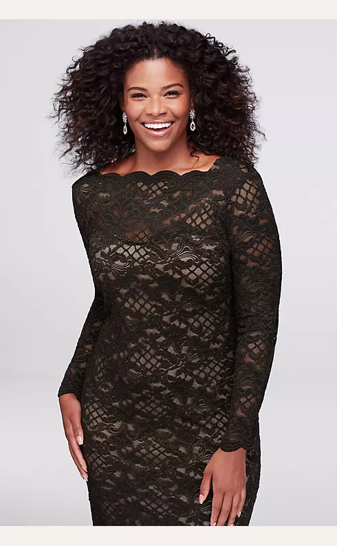 Long-Sleeve Scalloped Lace Cocktail Dress  Image 3