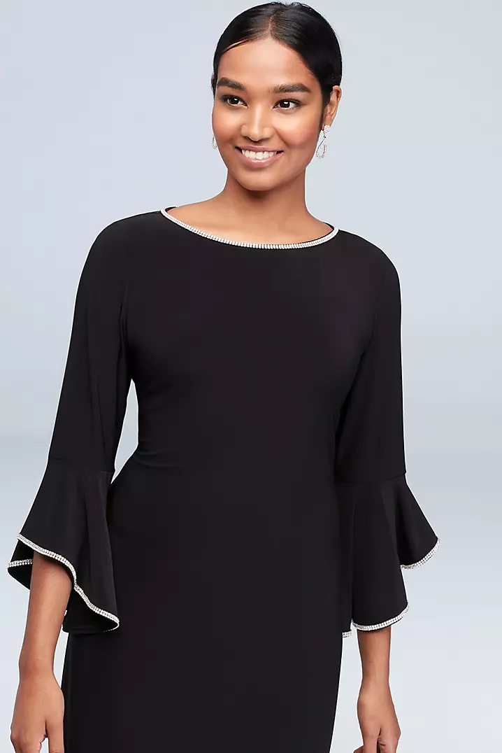 Crystal-Trimmed Bell Sleeve Jersey A-Line Dress | David's Bridal Crystal-Trimmed Bell Sleeve Jersey A-Line Dress | David's Bridal
