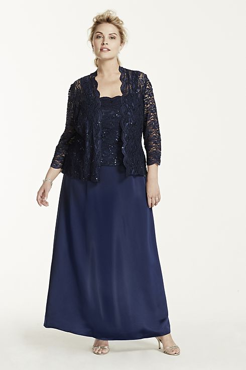 Long Satin Dress with 3/4 Lace Sleeved Jacket Image