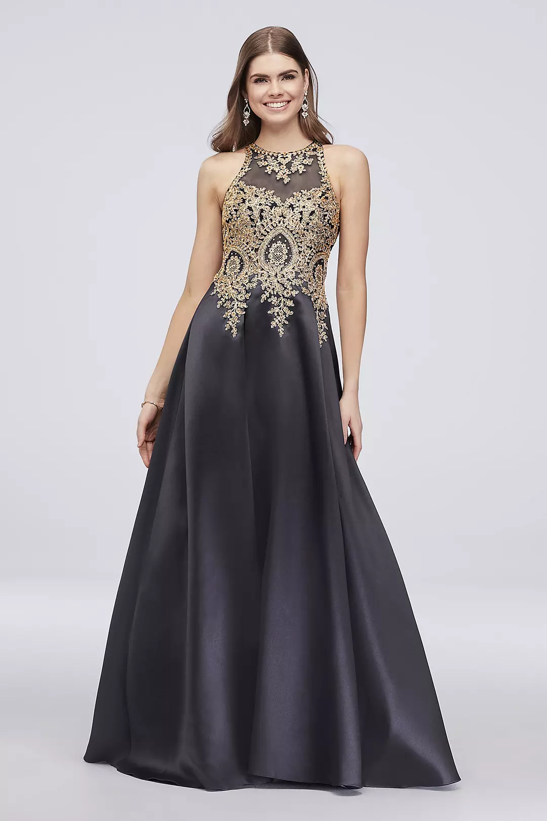 Metallic Embroidered High-Neck Mikado Ball Gown Image