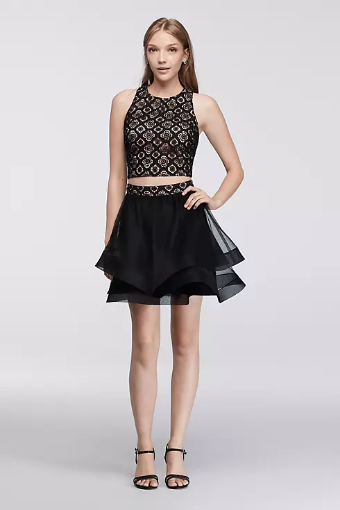 Lace Homecoming Crop Top with Tiered Skirt Image 1
