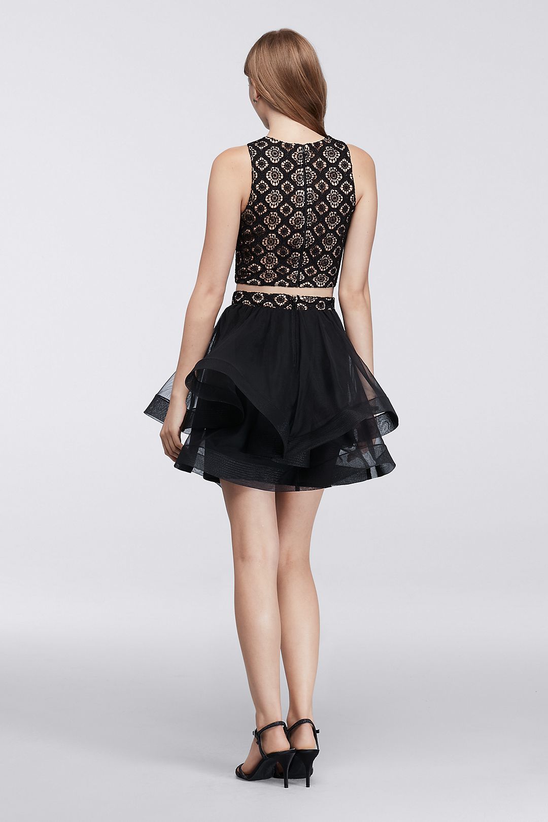 Lace Homecoming Crop Top with Tiered Skirt Image 4